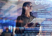 Software, coding hologram and woman on tablet thinking of data analytics, digital technology and night overlay. Programmer or IT person in glasses on 3d screen, programming and cybersecurity research