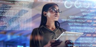 Software, coding hologram and woman on tablet thinking of data analytics, digital technology and night overlay. Programmer or IT person in glasses on 3d screen, programming and cybersecurity research