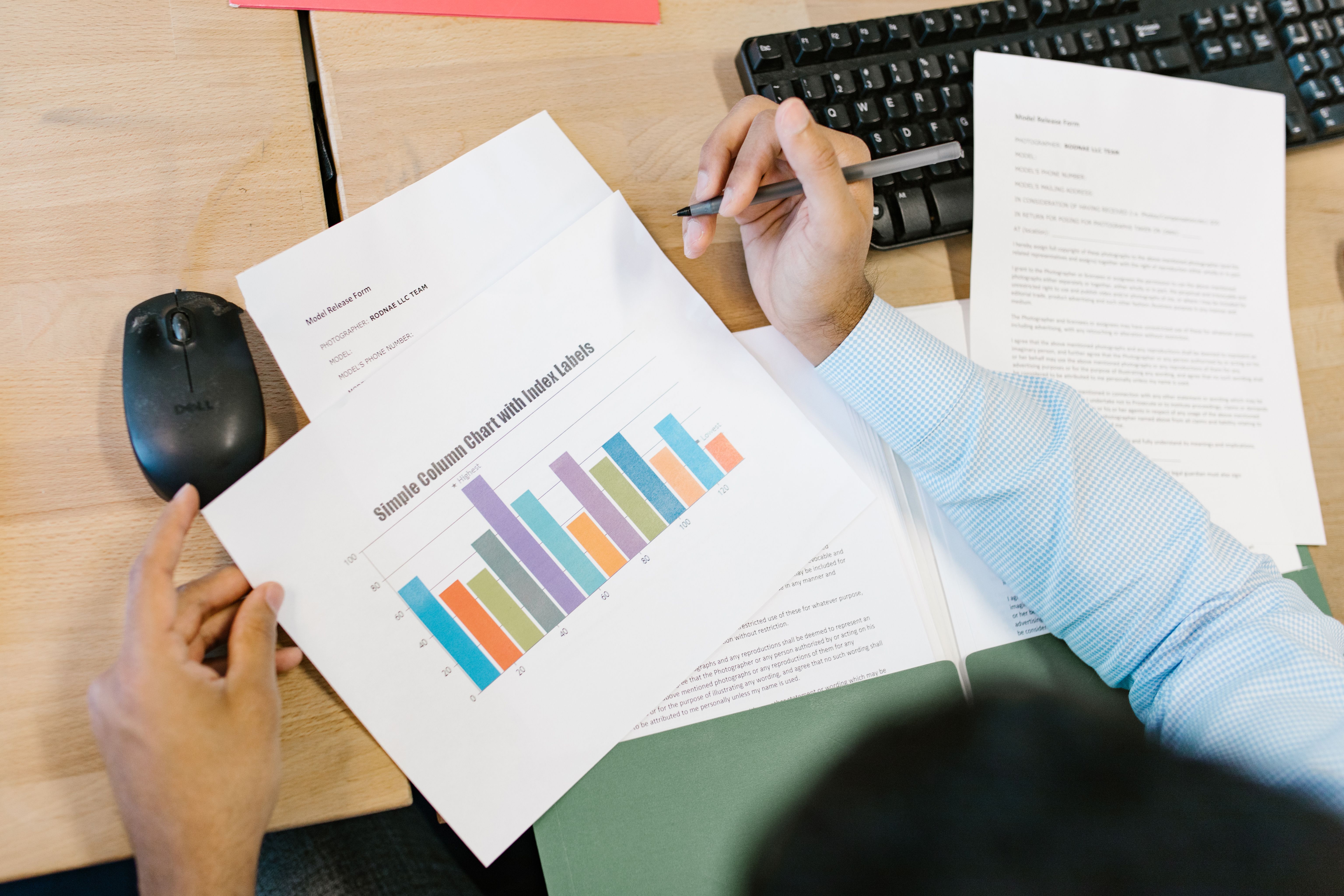 Analyst reviewing charts and documents used to score press freedom rankings
